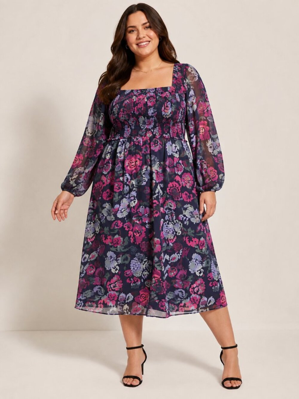 Addition Elle 3X Floral Smocked Midi Dress Long Sleeve